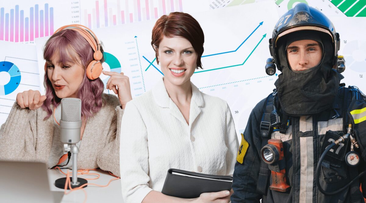 Ilustracja do artykułu o Rankingu najbardziej poważanych zawodów. Przedstawia 3 osoby reprezentujące zawód piosenkarkim lekarki i strażaka.