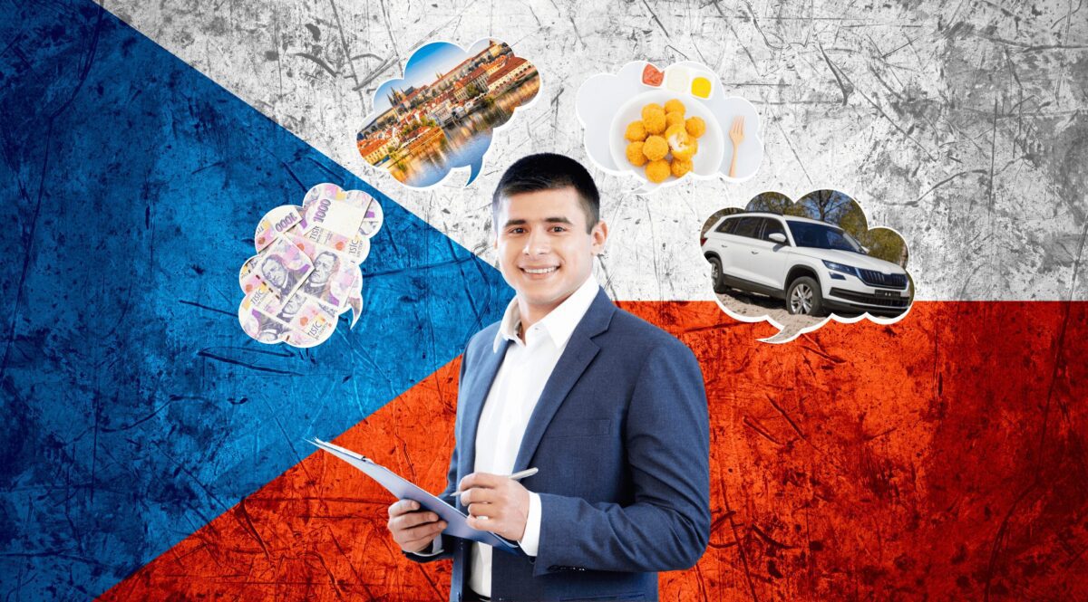 Obrazek jest ilustracją do artykułu: Ulgi podatkowe, luz w urzędach, work-life balance — tak wygląda praca w Czechach. Przedstawia młodego uśmiechniętego mężczyznę w garniturze na tle czeskiej flagi. W koło rozmieszczone są zdjęcia samochodu, pieniędzy, pięknego krajobrazu i narodowej potrawy.