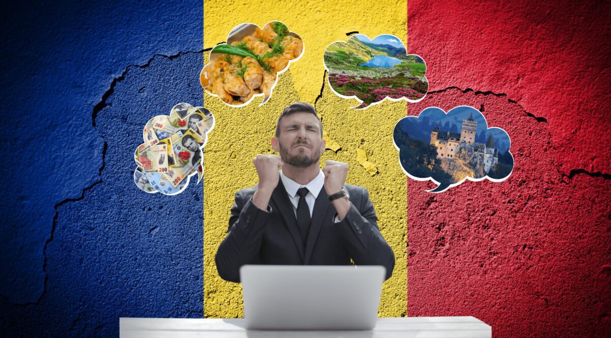 Obrazek jest ilustracją do artykułu: Praca w Rumunii — zalety i wady pracy w kraju nad Dunajem. Przedstawia młodego mężczyznę siedzącego przed laptopem z uniesionymi na znak zwycięstwa zaciśniętymi dłońmi. W tle znajduje się rumuńska flaga oraz dymki ze zdjęciami krajobrazów i potrawami narodowej kuchni.