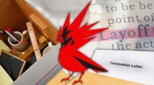 Grafika jest ilustracją do artykułu: CD Projekt zwolnieniaZwolnienia u polskiego giganta. CD Projekt: "mamy zbyt dużo pracowników". Przedstawia zdjęcie fragmentu biurka, dokumentu : termination letter oraz logo CD Project RED