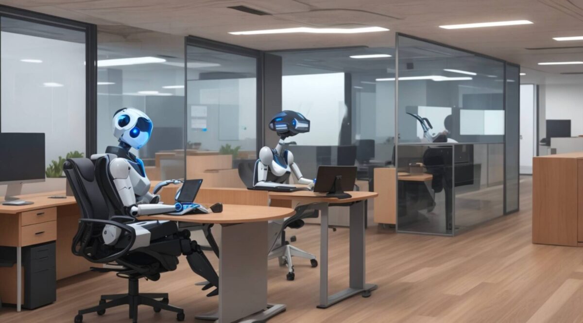 Grafika jest ilustracją do artykułu: Co czeka za horyzontem? – 69 mln nowych miejsc pracy w ciągu najbliższych pięciu lat. Przedstawia biuro w których za biurkami siedzą roboty.