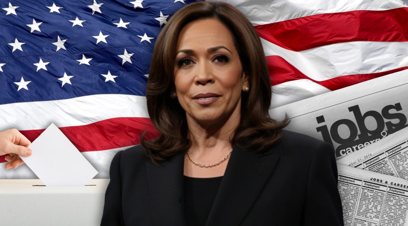 Illustration for the article entitled "How Would a Kamala Harris Victory Affect The US Job Market?"