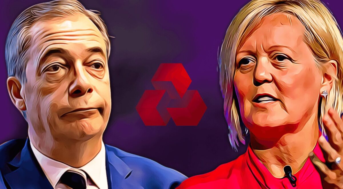 Grafika jest ilustracją do artykułu: NatWest: Alison Rose, rezygnuje z funkcji CEO. Przedstawia wizerunek Alison Rose i Nigela Farage'a.