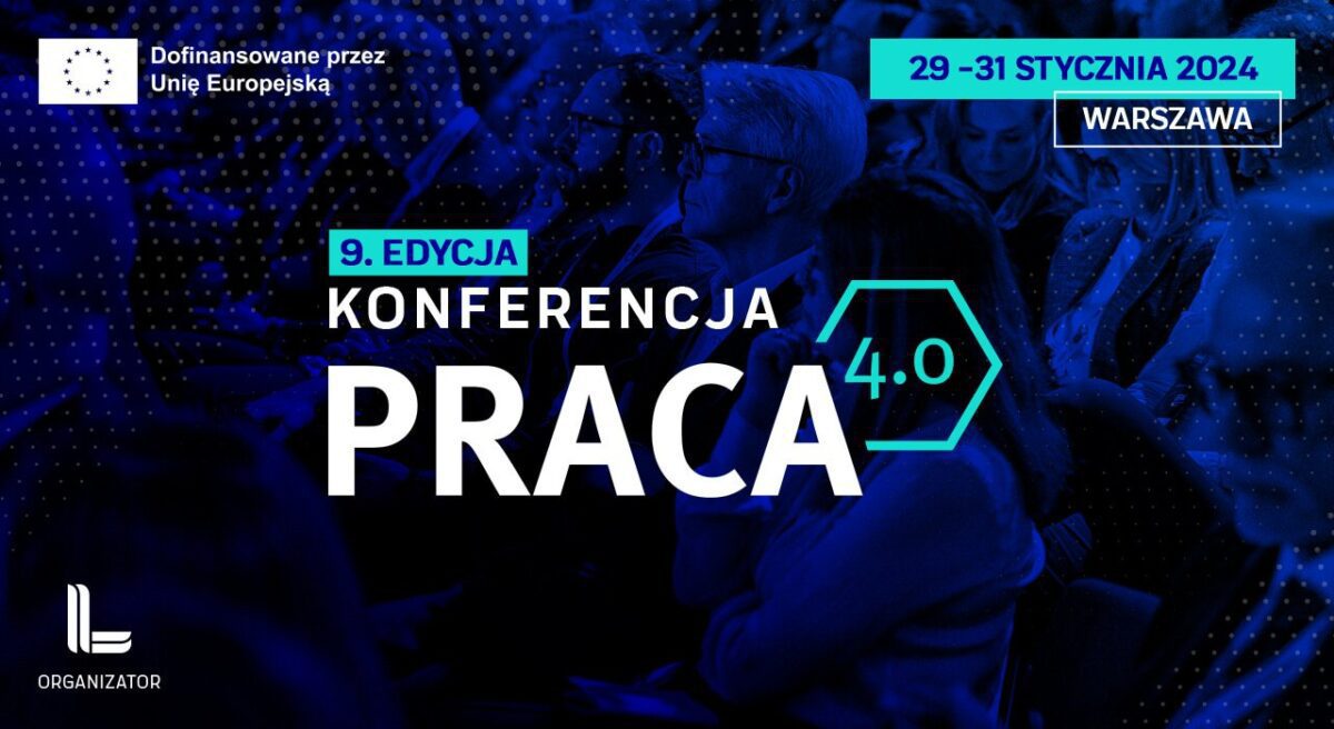 Grafika przedstawia logo Konfederacji Lewiatan, logo wydarzenia Konferencja Praca 4.0 oraz informacje organizacyjne