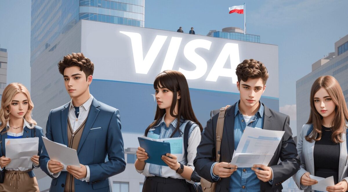 Grafika jest ilustracją do artykułu: VISA rekrutuje w Polsce. Co wiemy o nowym hubie i jakie są wakaty. Przedstawia piątkę młodych ludzi stojących na tle budynku z logiem VISA.